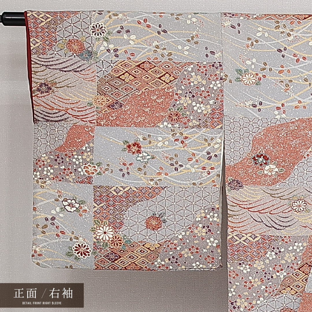 小紋 袷 身丈161cm 裄丈65cm 正絹 Sランク インフォーマル 広衿 Lサイズ 駒縫い 古典柄 グレー系 RP 1221-14347