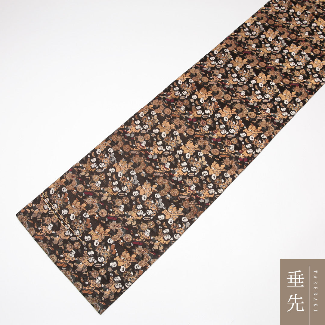 袋帯 帯丈412cm 正絹 全通 セミフォーマル 唐子 金系 黒系 1243-01300