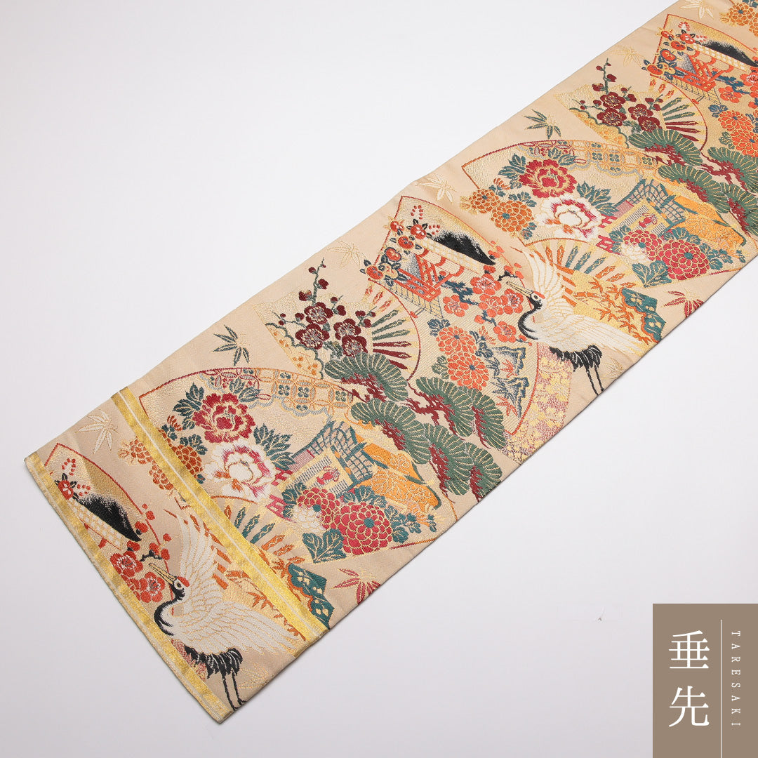 アンティーク 丸帯 帯丈368cm Aランク 全通 正絹 鶴 アンティーク クリーム系 鶴 松竹梅 1223-01371