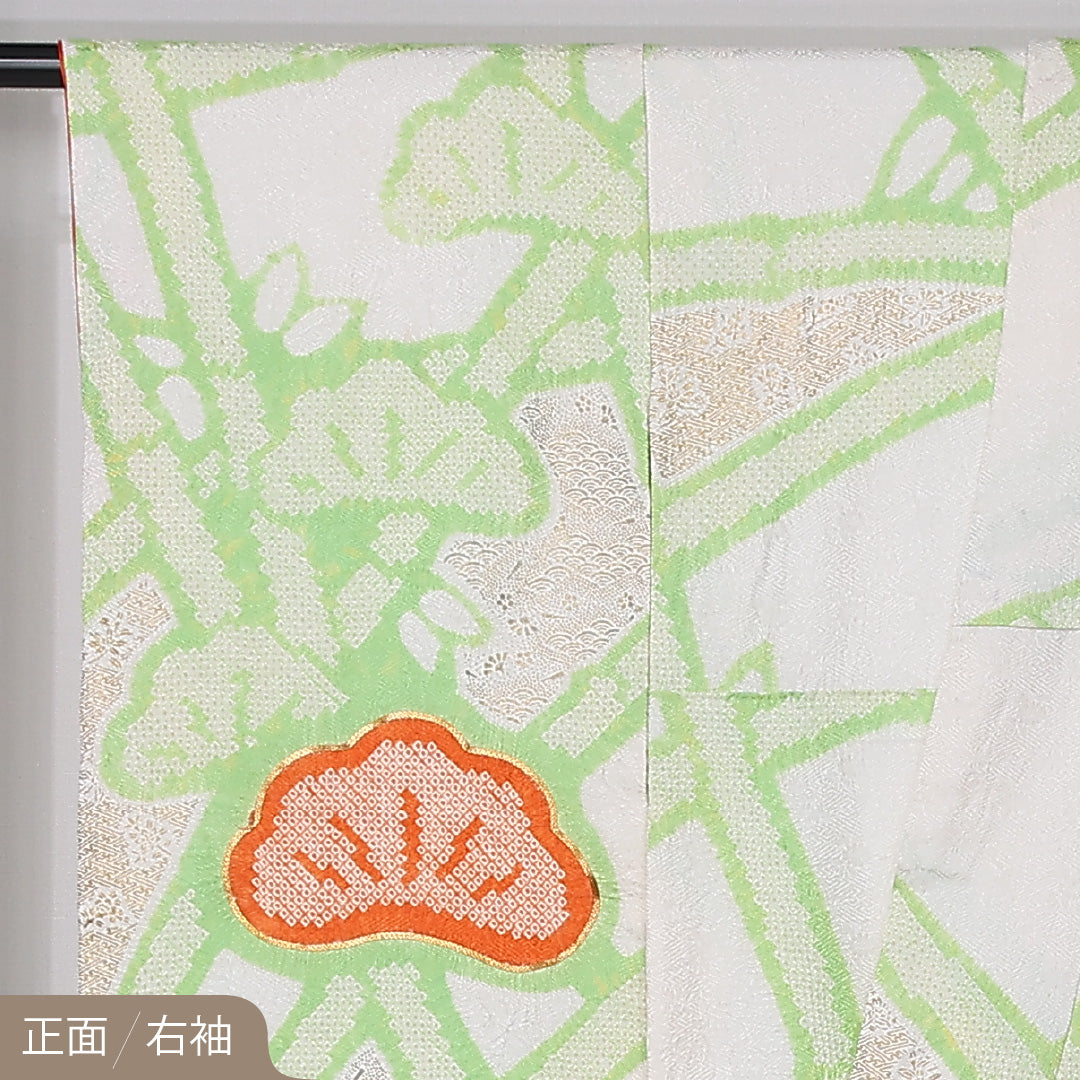 振袖 （総絞り） 身丈161cm 裄丈64cm Sランク 正絹 袷 広衿 L 金駒刺繍 吉祥文様 松 フォーマル 古典的 爽やか クリーム系 1213-F0498