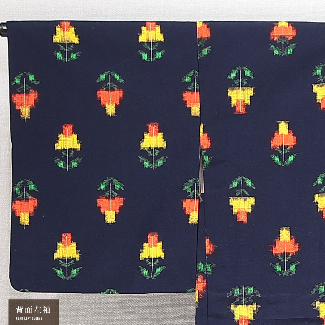 アンティーク 羽織（銘仙） 袷 身丈80cm 裄丈65cm 正絹 Aランク Mサイズ チューリップ 紺系 1217-14749