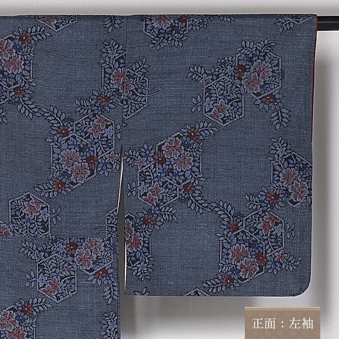 紬 袷 身丈160cm 裄64.5cm 正絹 花柄 紺系 Aランク 1216-01385