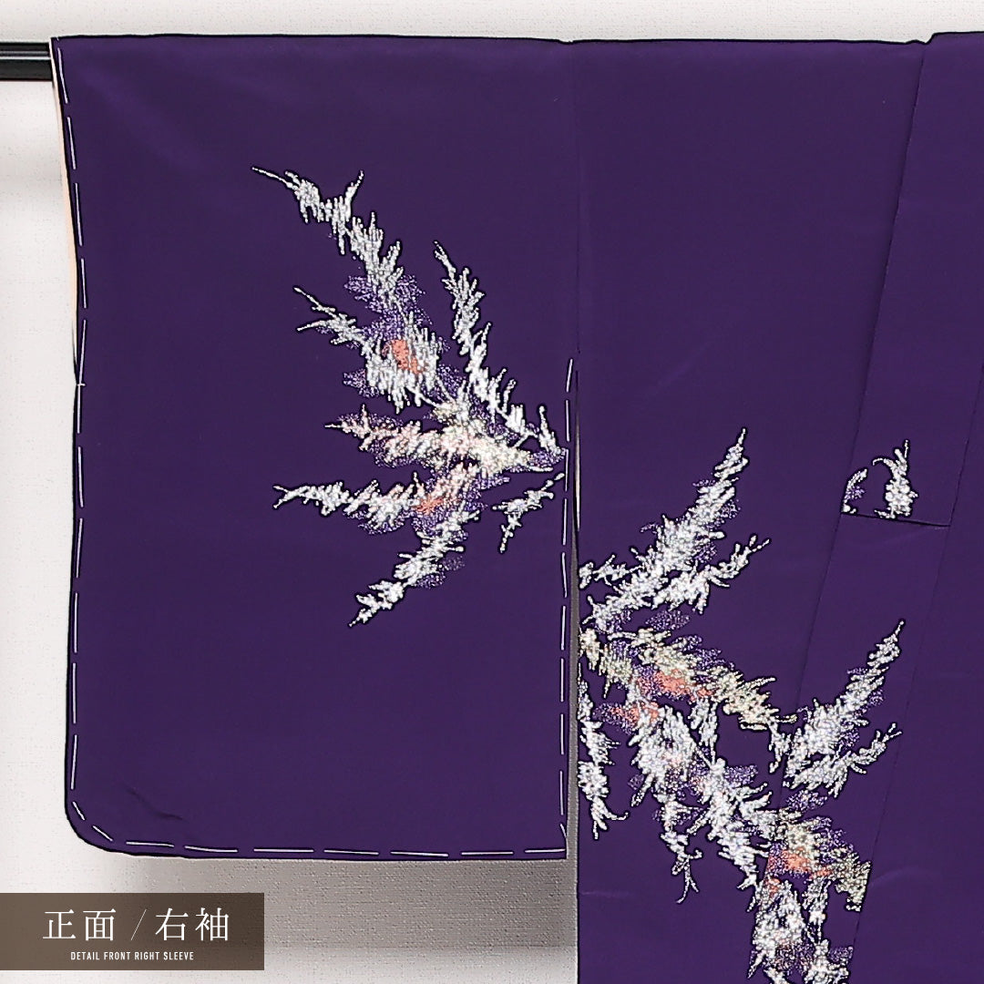 アンティーク お召 袷 身丈147cm 裄丈63cm 正絹 Aランク バチ衿 XSサイズ 漆糸 紫系 RP 1222-13579