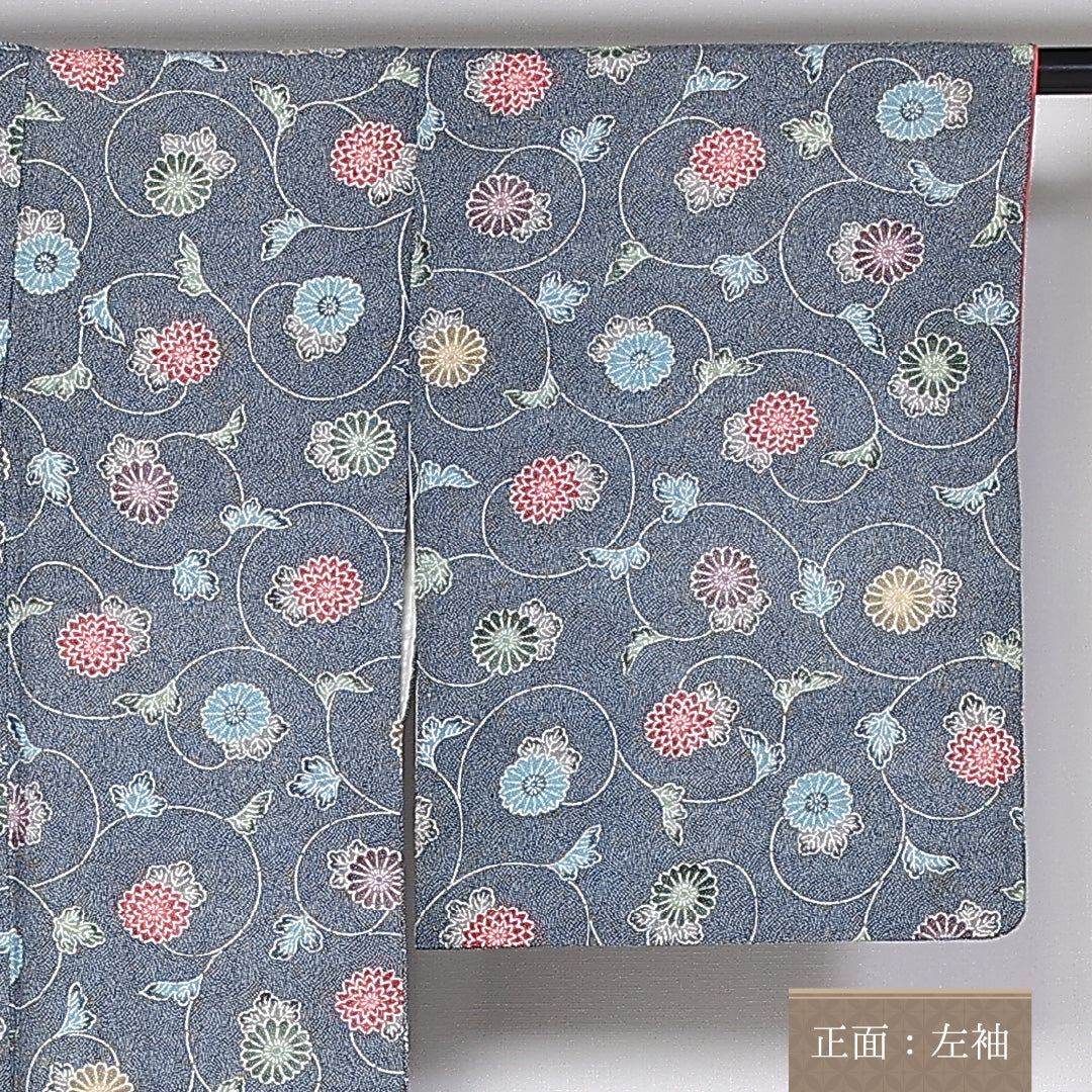 小紋 袷 身丈151cm 裄62cm 正絹 鮫 唐草 菊 青系 Cランク 1215-02439