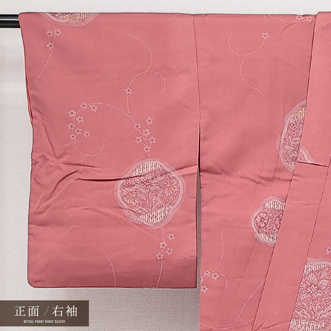 アンティーク お召 袷 身丈146cm 裄丈61cm 正絹 Aランク バチ衿 XSサイズ 花柄 ピンク系 RP 1222-14236