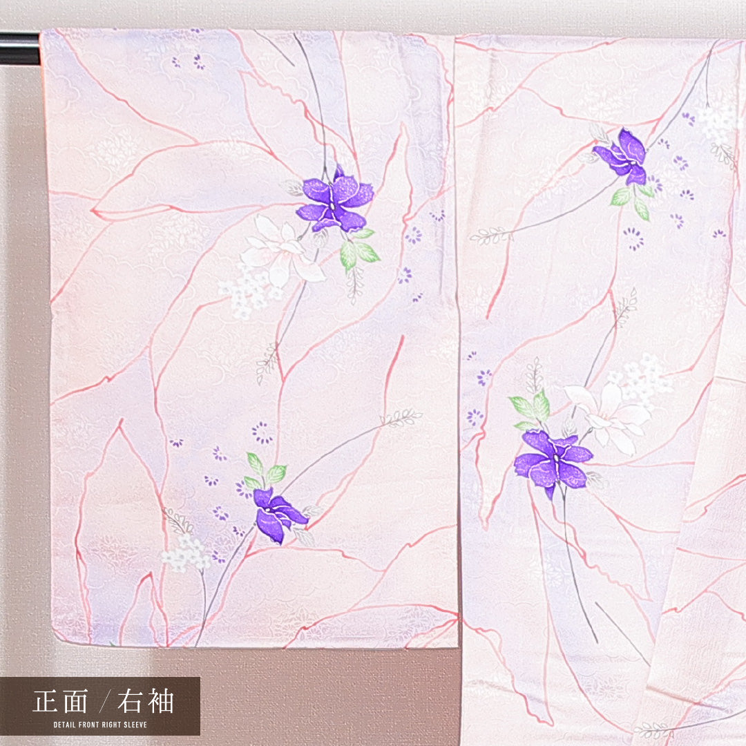 小紋 洗える着物 袷 身丈160cm 裄丈62cm ポリエステル Aランク Lサイズ 広衿 インフォーマル 花柄 ピンク系 紫系 1215-14973