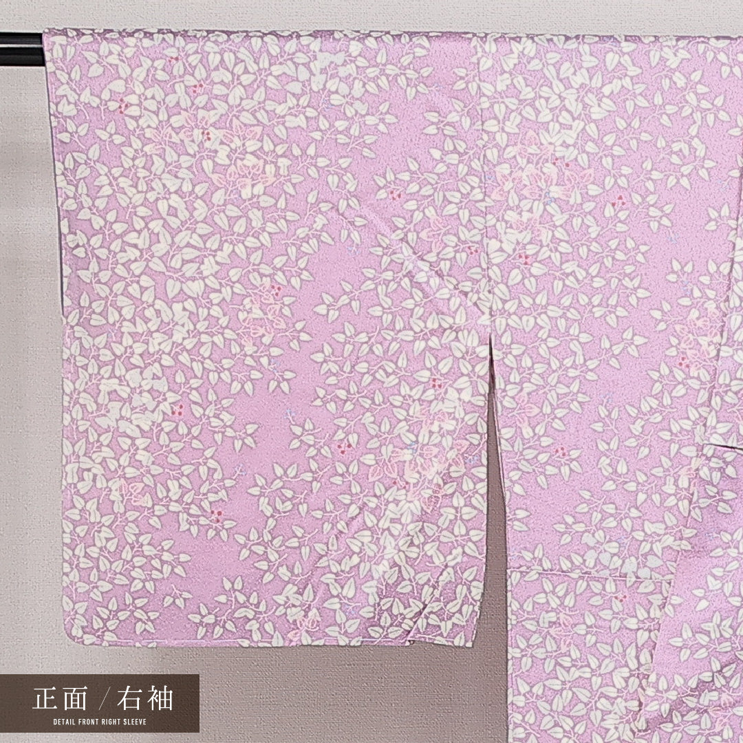 小紋 袷 身丈153cm 裄丈62cm 正絹 Aランク インフォーマル 広衿 Sサイズ 花柄 植物柄 紫系 RP 1221-14257