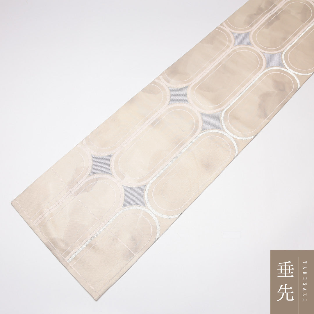 袋帯 帯丈420cm 正絹 六通 セミフォーマル 幾何学柄 白系 1243-01228