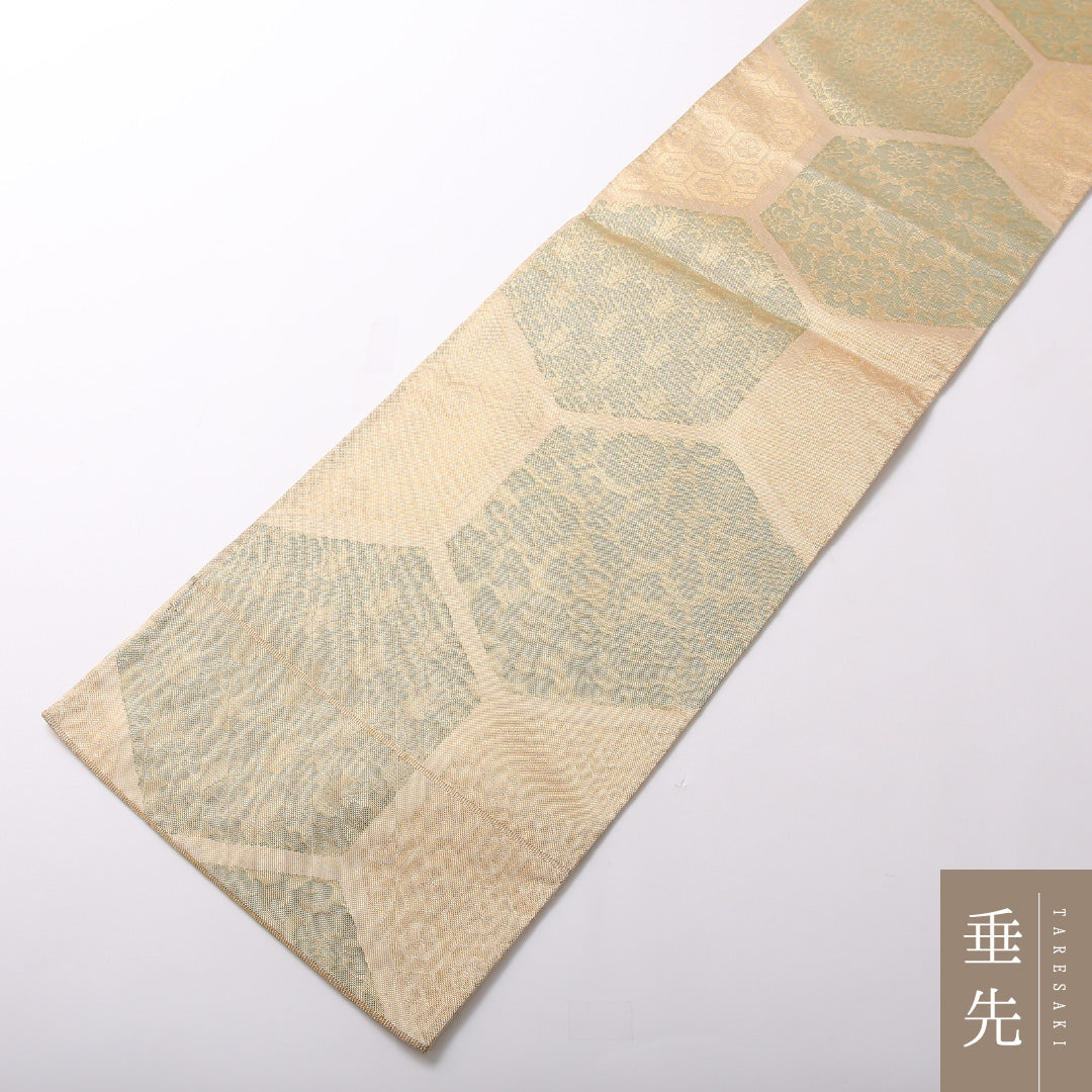 袋帯 帯丈428cm 正絹 六通 セミフォーマル 佐賀錦 亀甲 金系 1243-01710