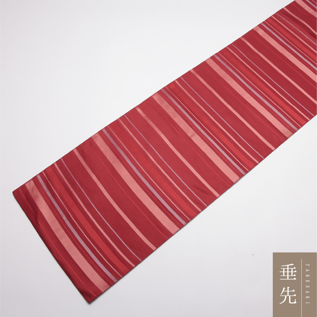 九寸名古屋帯 Sランク 帯丈346cm 正絹 六通 開き仕立て 織り カジュアル 縞 赤系 LP 1245-01784