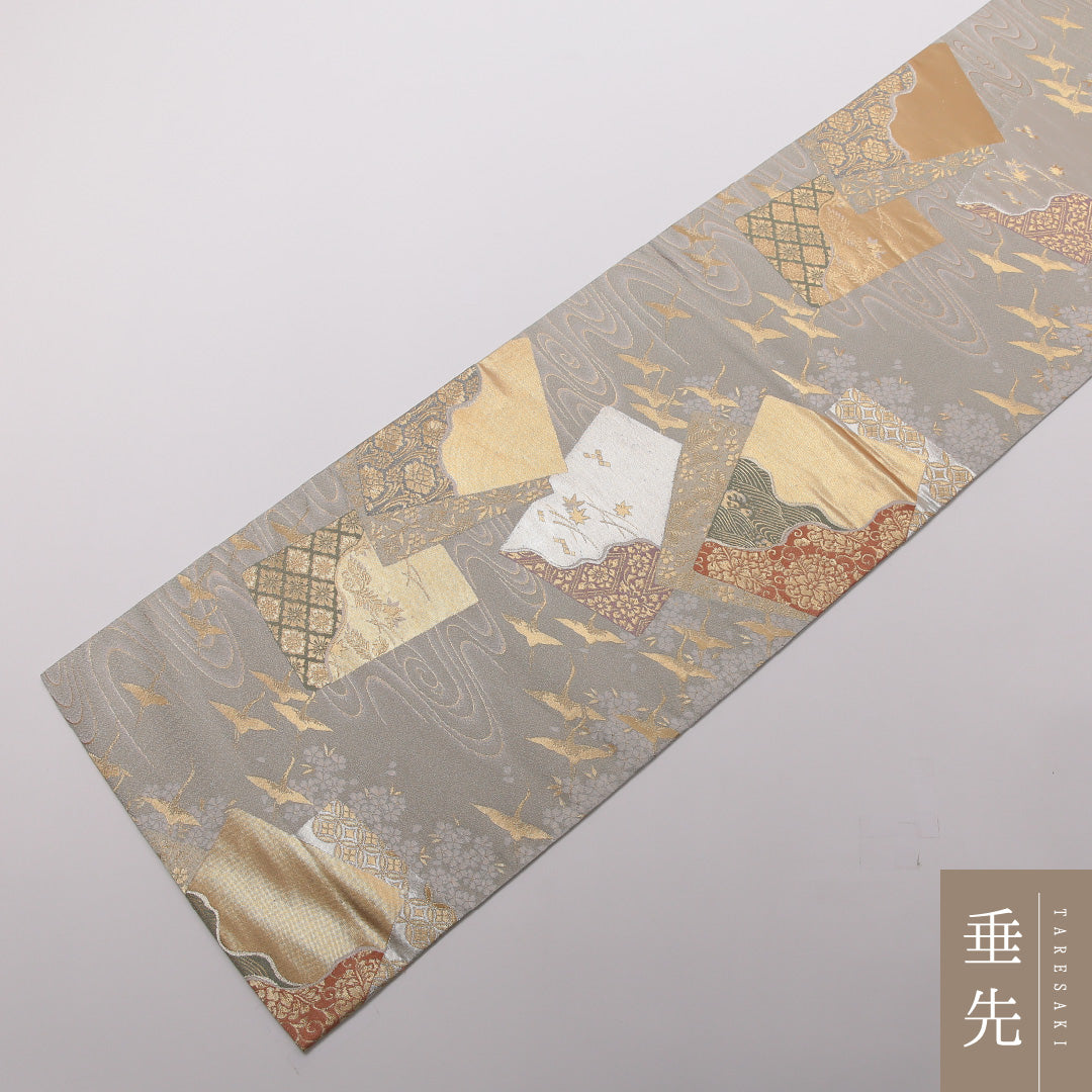 袋帯 帯丈436cm 正絹 六通 フォーマル 琳派 色紙重ね 鶴 光琳波 グレー系 1243-01448