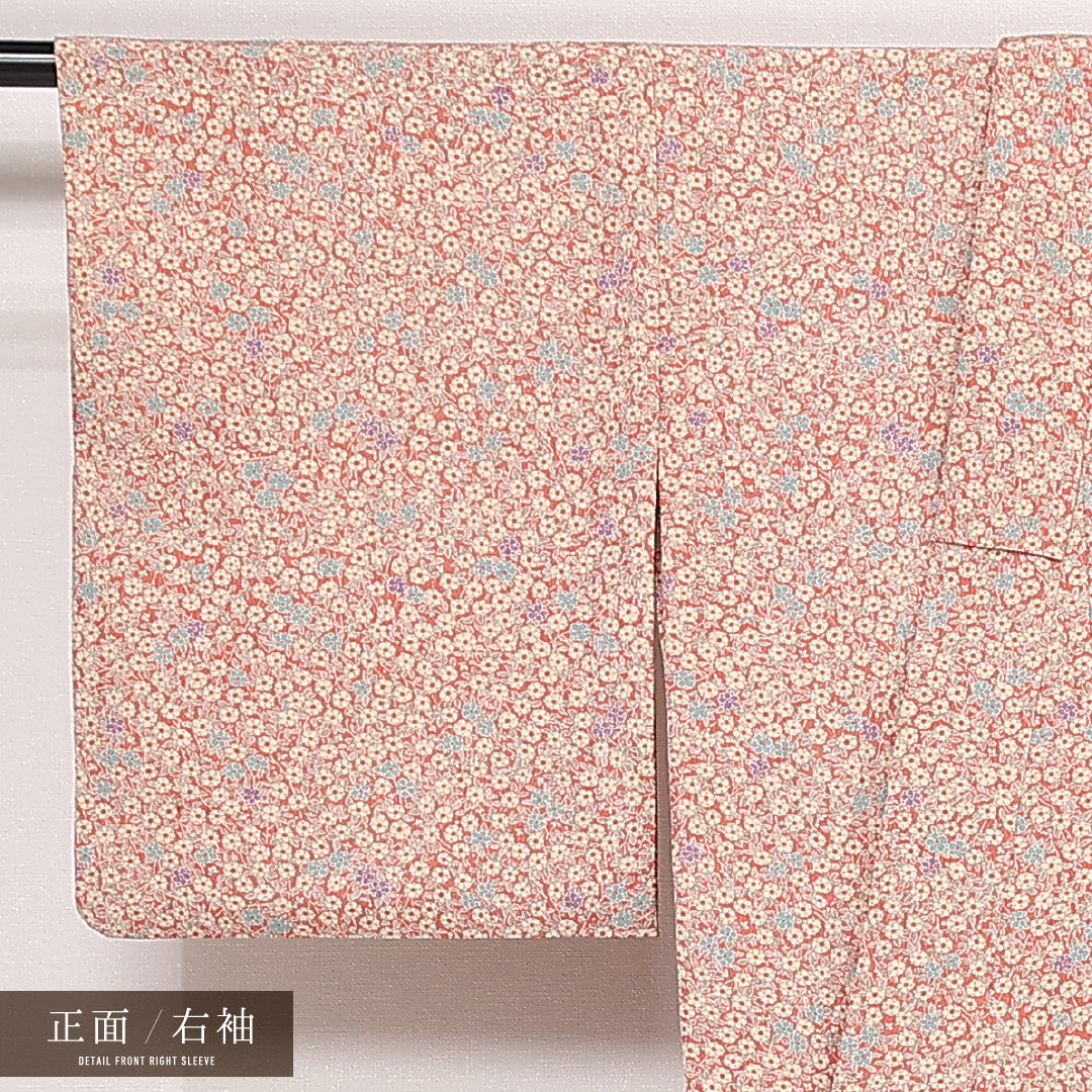 洗える着物 小紋 単衣 身丈159cm 裄丈63cm ポリエステル Bランク インフォーマル バチ衿 Mサイズ 花柄 赤系 HP 1221-13316