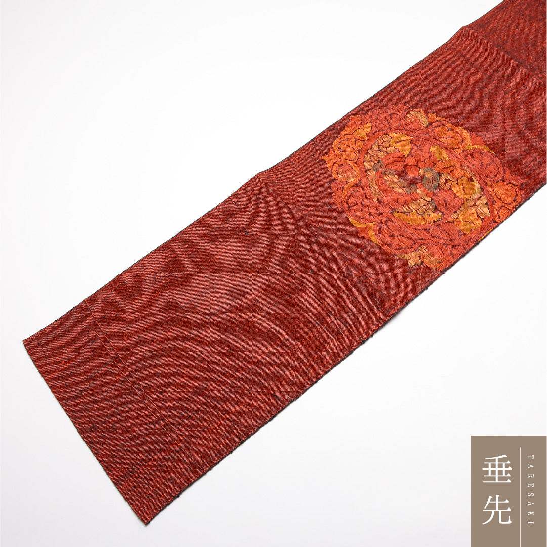八寸名古屋帯 Sランク 帯丈348cm 正絹 ポイント柄 松葉仕立て 織り カジュアル 紬 唐草鳳凰文 朱系 LP 1245-01887