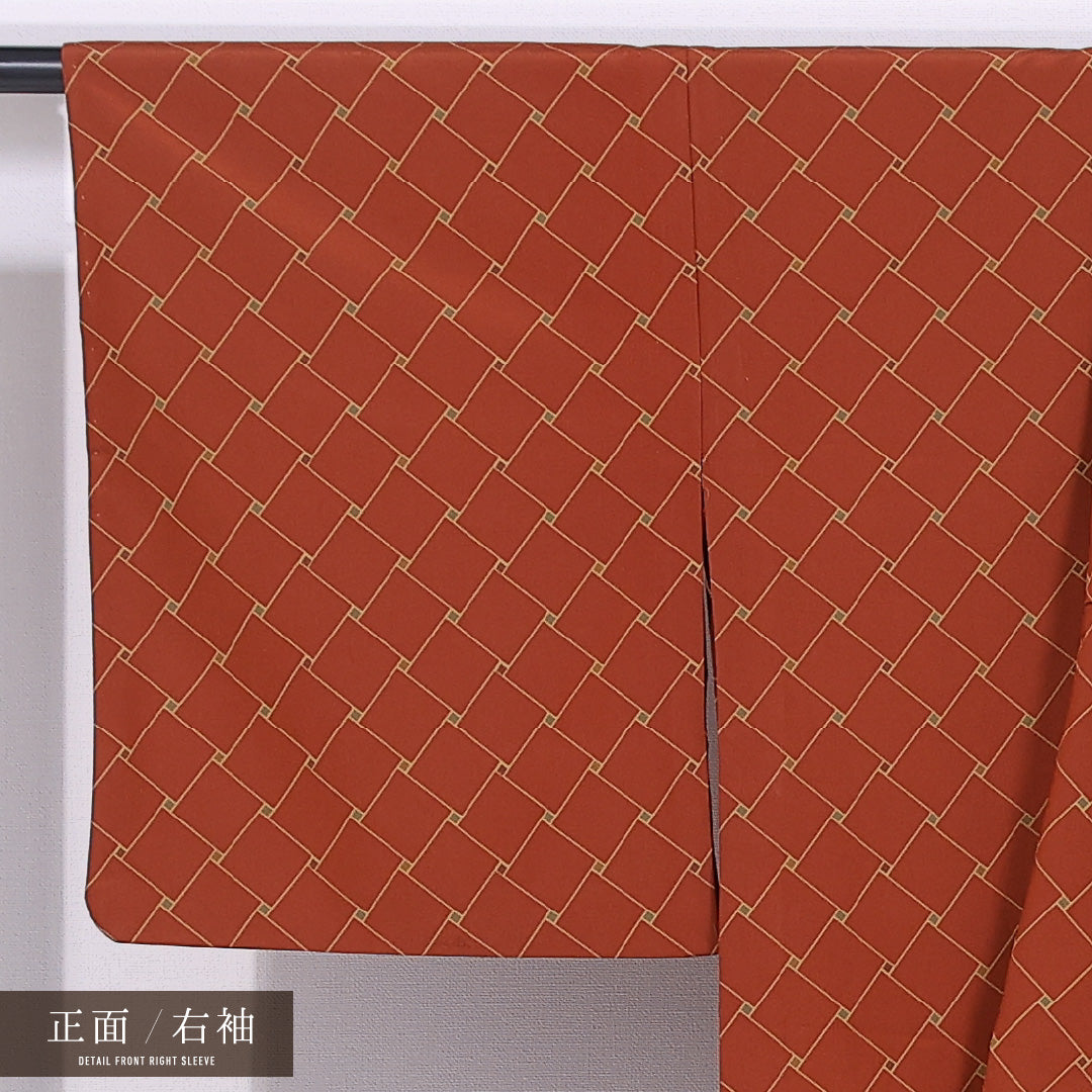 小紋 単衣 身丈160cm 裄丈65cm 正絹 Bランク インフォーマル 広衿 Lサイズ 菱 赤系 HP 1221-11758