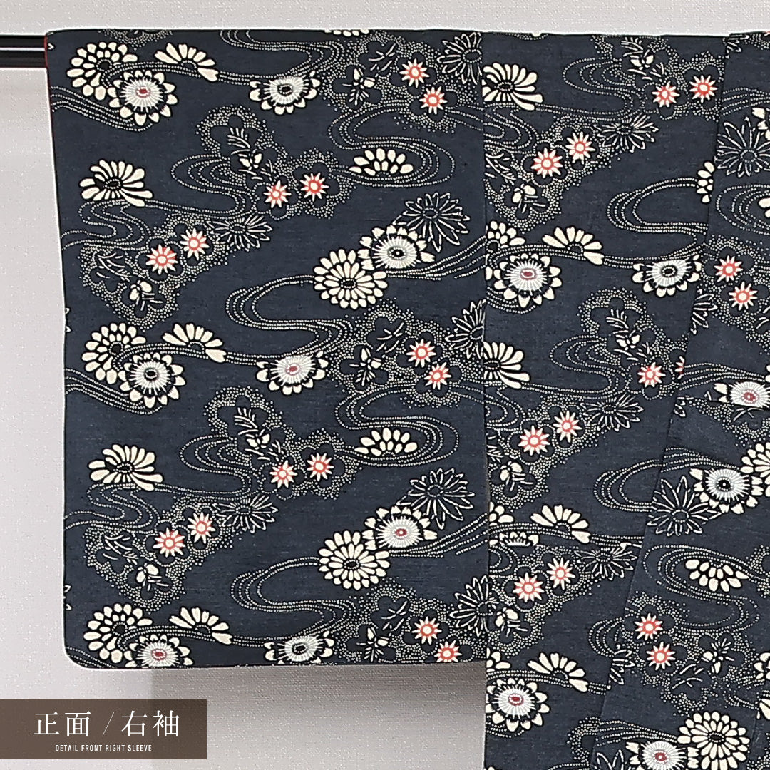 小紋 袷 身丈158cm 裄丈64cm 正絹 Aランク インフォーマル 広衿 Mサイズ 桜川 紺系 RP 1221-13162