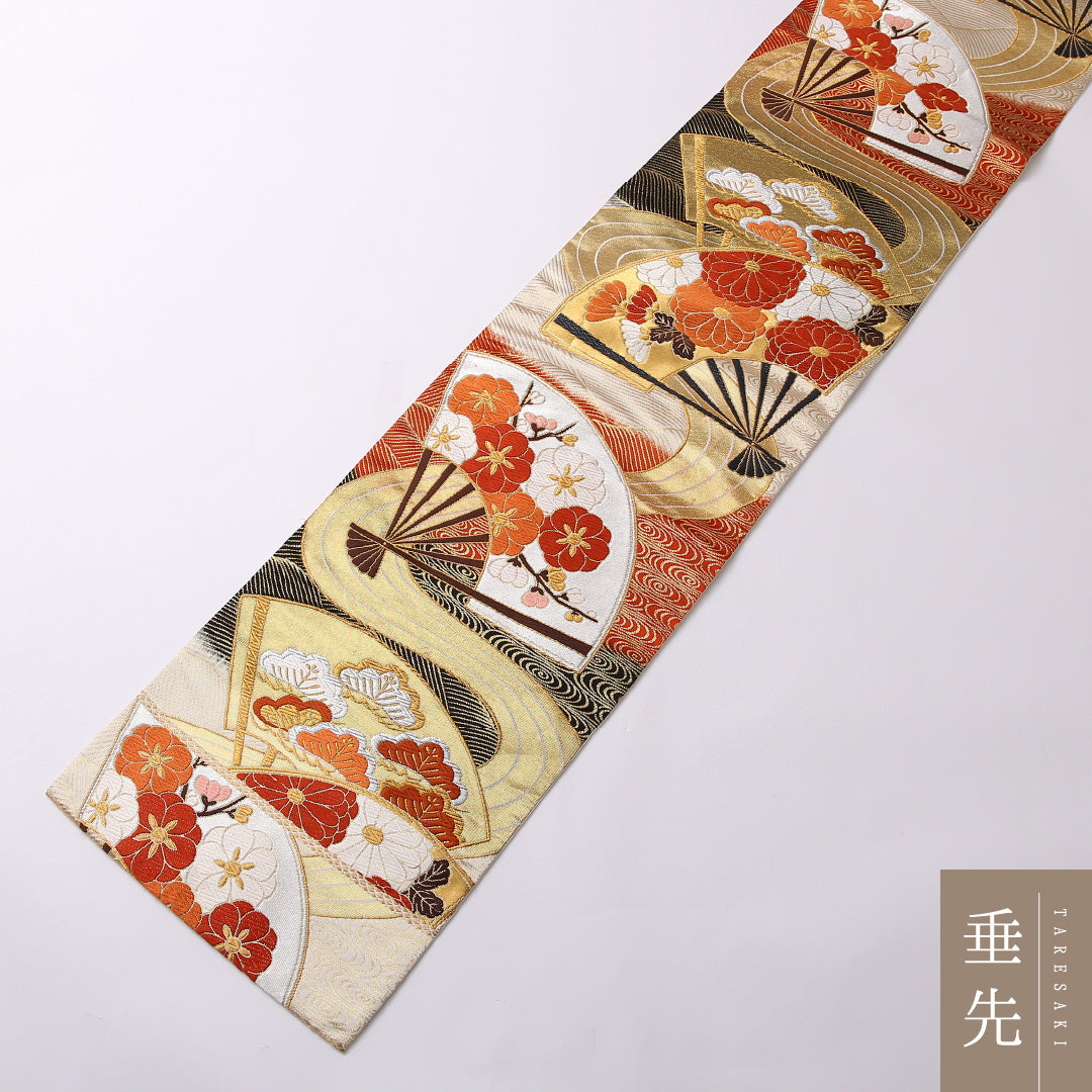 振袖用 袋帯 帯丈432cm 正絹 六通 唐織 扇流し 金系 1243-01550