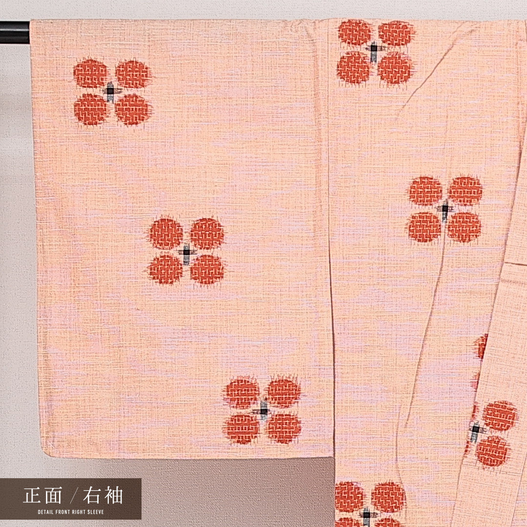 未使用品 真綿紬 単衣 身丈160cm 裄丈62cm 正絹 Sランク カジュアル バチ衿 Lサイズ 居敷当て 肩当て しつけ糸 朱系 RP 1223-14403