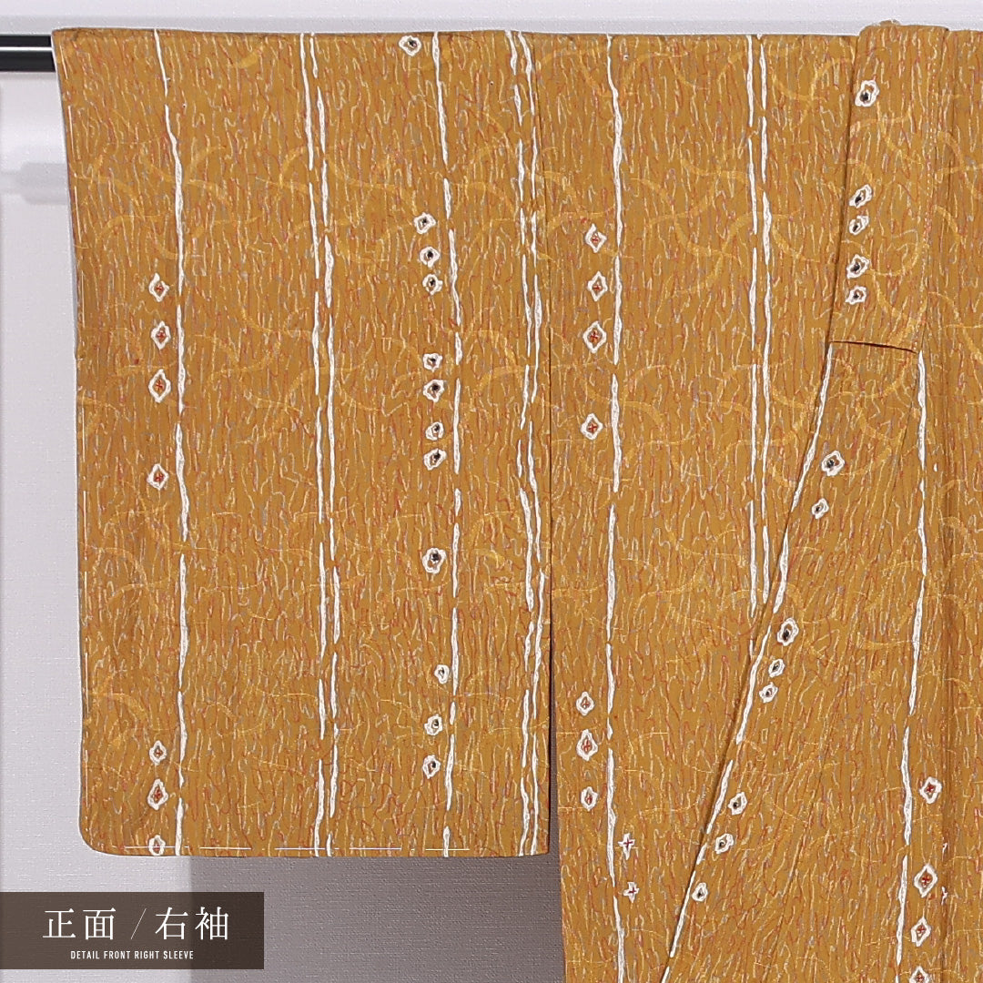 アンティーク 小紋 袷 身丈142cm 裄丈64cm 正絹 Aランク バチ衿 XSサイズ 創作柄 黄系 RP 1221-11796