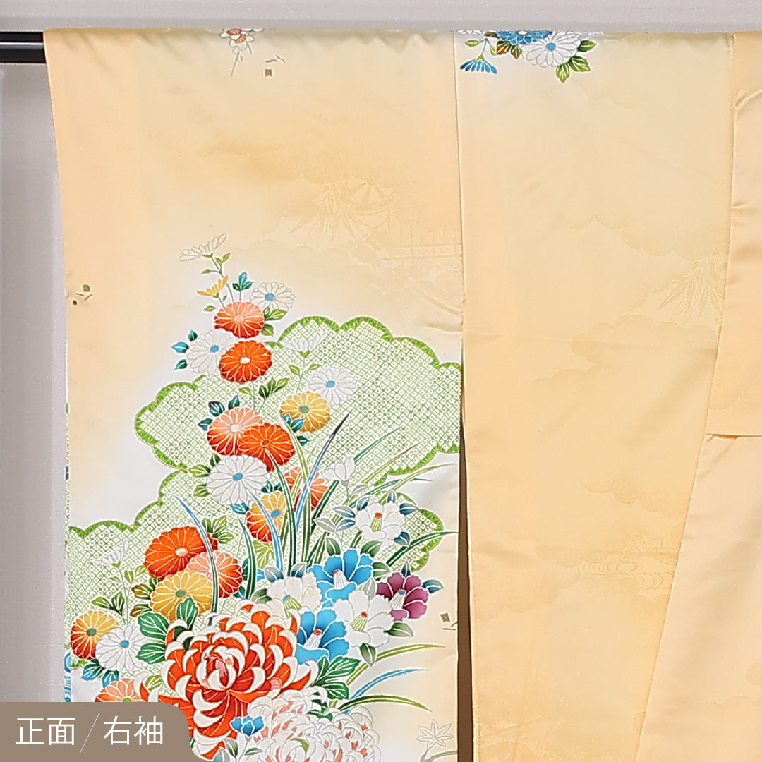 振袖 身丈167cm 裄丈64cm Cランク ポリエステル 洗える着物 袷 広衿 XL 金駒刺繍 雲取り 牡丹 フォーマル 古典的 華やか 黄系 1213-F0497