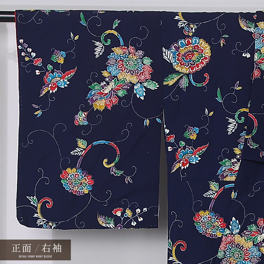 小紋 身丈162cm 裄丈65cm Sランク L 正絹 袷 広衿 菊 牡丹 カジュアル 紺系 1215-12374
