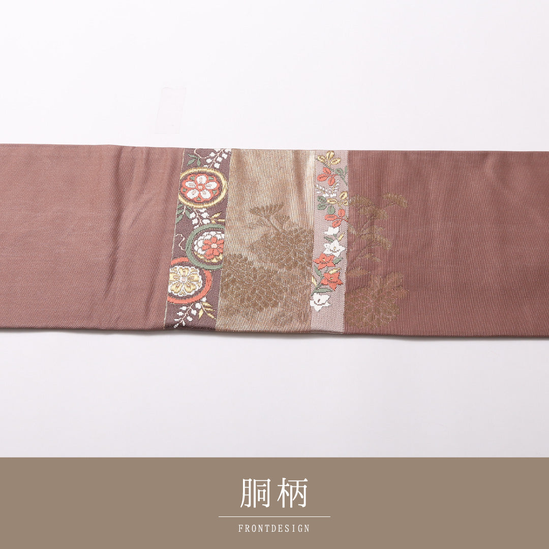 九寸名古屋帯 Aランク 帯丈362cm 正絹 ポイント柄 名古屋仕立て 織り セミフォーマル 小袖錦 光琳波 秋草文 ピンク系 RP 1245-03005