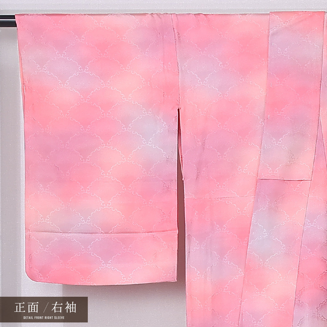 小紋 単衣 身丈157cm 裄丈65cm 正絹 Aランク インフォーマル 広衿 Mサイズ ぼかし染 雪輪 ピンク系 HP 1221-12242
