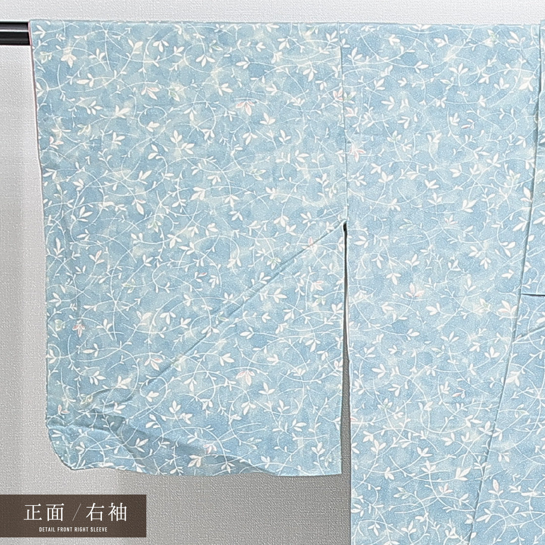 小紋 袷 身丈152cm 裄丈60cm 正絹 Aランク Sサイズ 広衿 インフォーマル 植物柄 水色系 1215-14860