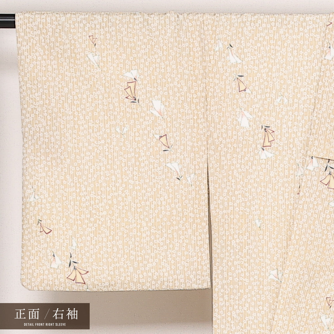 小紋 袷 洗える着物 身丈155cm 裄丈63cm Aランク ポリエステル 広衿 Mサイズ インフォーマル 梅 古典的 しとやか クリーム系 ベージュ系 1215-13591