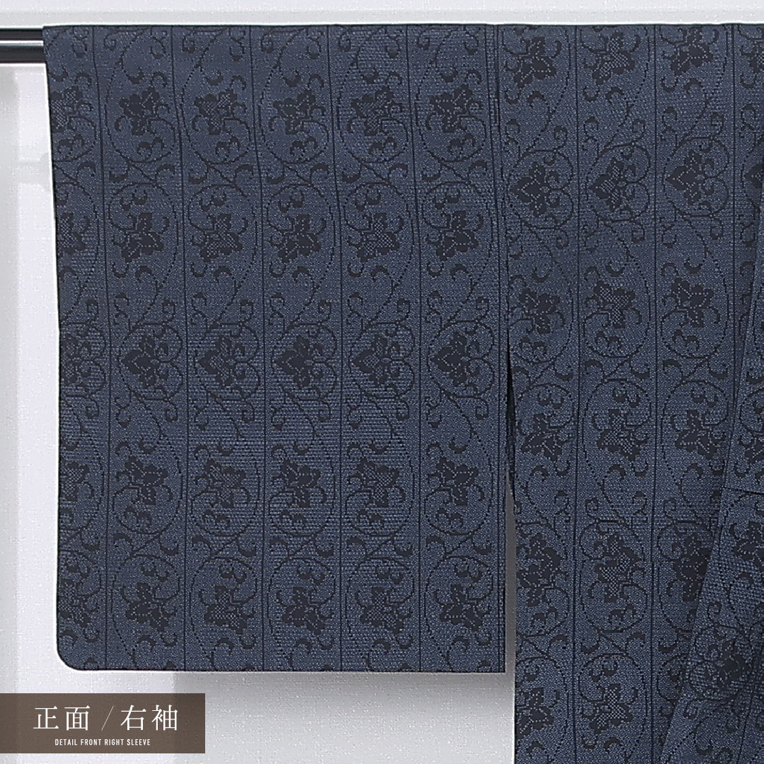紬 単衣 身丈156cm 裄丈65cm 正絹 Aランク カジュアル 広衿 Mサイズ 唐華 亀甲絣 紺系 RP 1223-12249