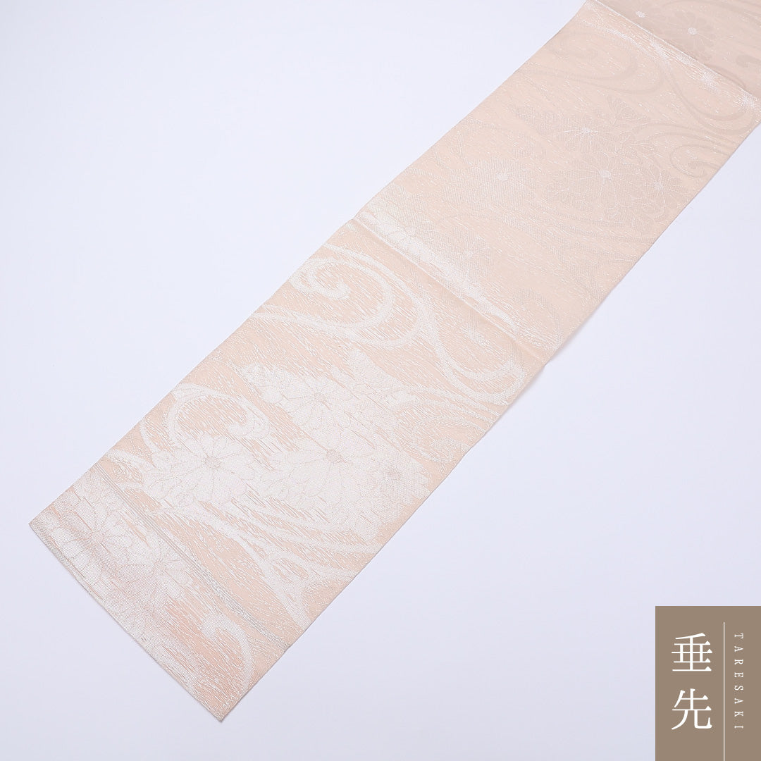 袋帯 夏帯 帯丈432cm 六通 菊 唐草 流水 銀糸 セミフォーマル クリーム系 正絹 Aランク 1223-00925