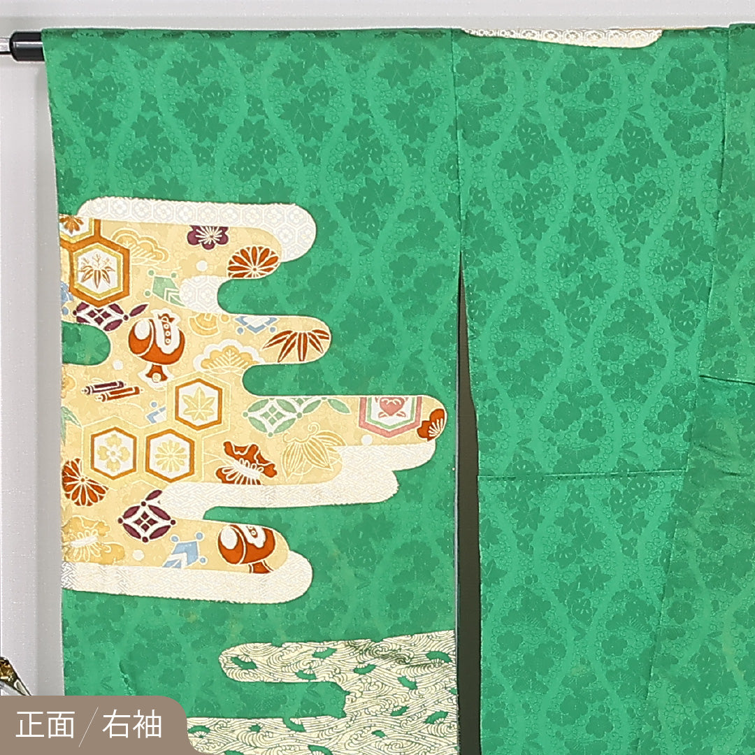 振袖 身丈170cm 裄丈67.5cm Aランク 正絹 袷 広衿 2XL エ霞 宝尽くし フォーマル 古典的 華やか 緑系 1213-F0492