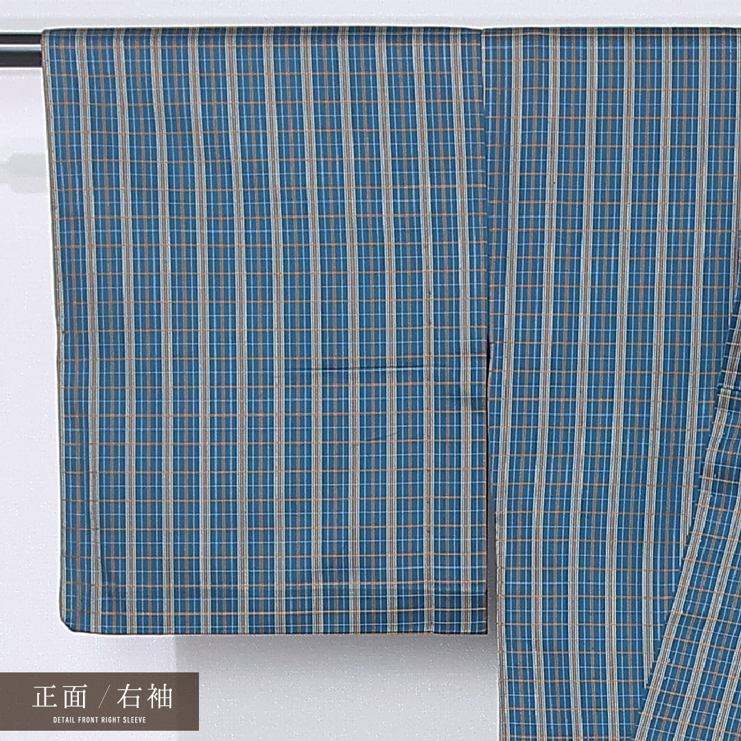 紬 単衣 身丈152cm 裄丈62cm 正絹 Sランク カジュアル 広衿 Sサイズ 格子 青系 RP 1223-12250