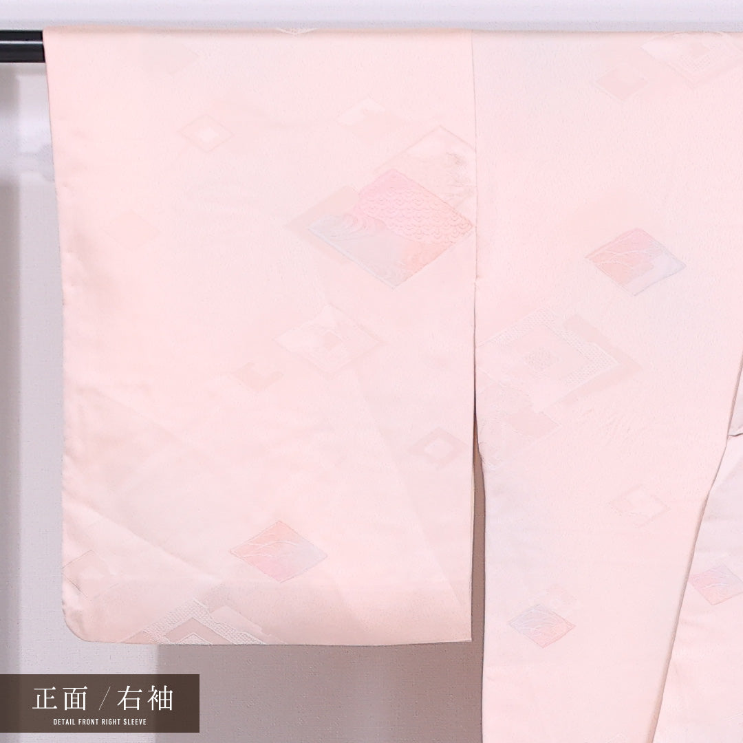 小紋 袷 身丈153cm 裄丈64cm 正絹 Cランク インフォーマル バチ衿 Sサイズ 色無地 松皮菱 ピンク系 LP 1221-11577