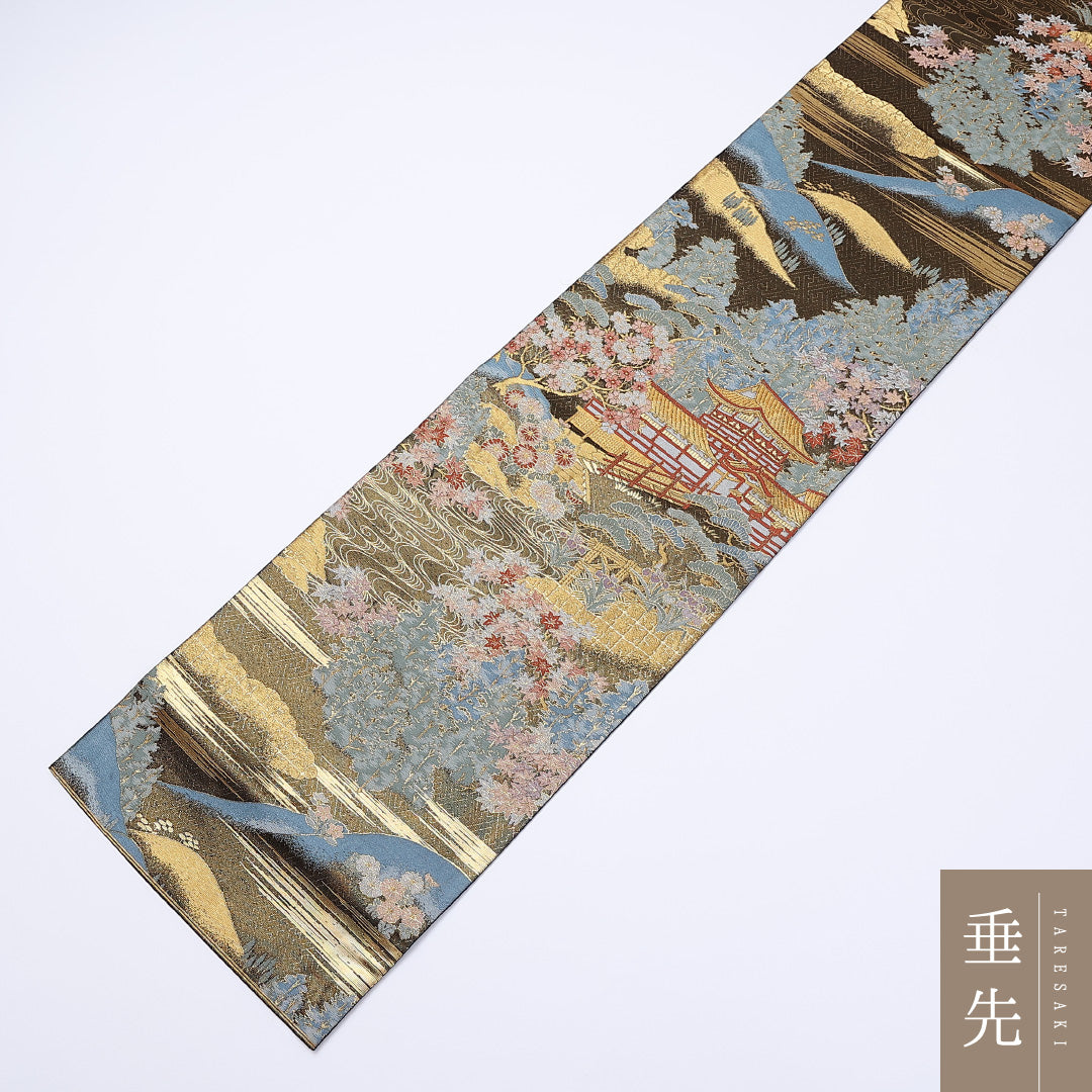 袋帯 帯丈436cm 六通 春日大社東西御廊 寺社仏閣 笠松 桜 紅葉 フォーマル 緑系 正絹 Sランク 1223-00957
