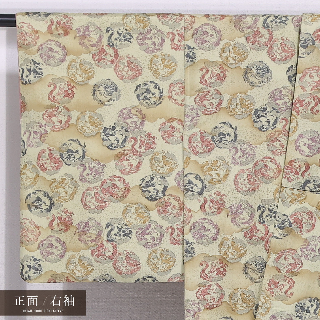 小紋 袷 身丈162cm 裄丈65cm 正絹 Sランク インフォーマル 広衿 Lサイズ 海老 緑系 RP 1221-11756