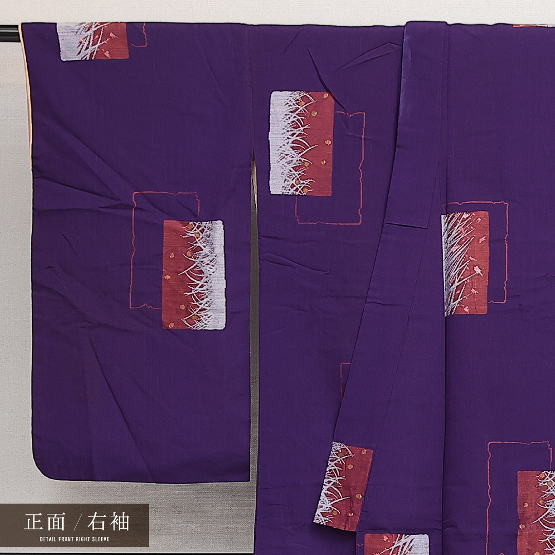 アンティーク お召 袷 身丈146cm 裄丈62cm 正絹 Aランク バチ衿 XSサイズ 植物柄 紫系 RP 1222-13988