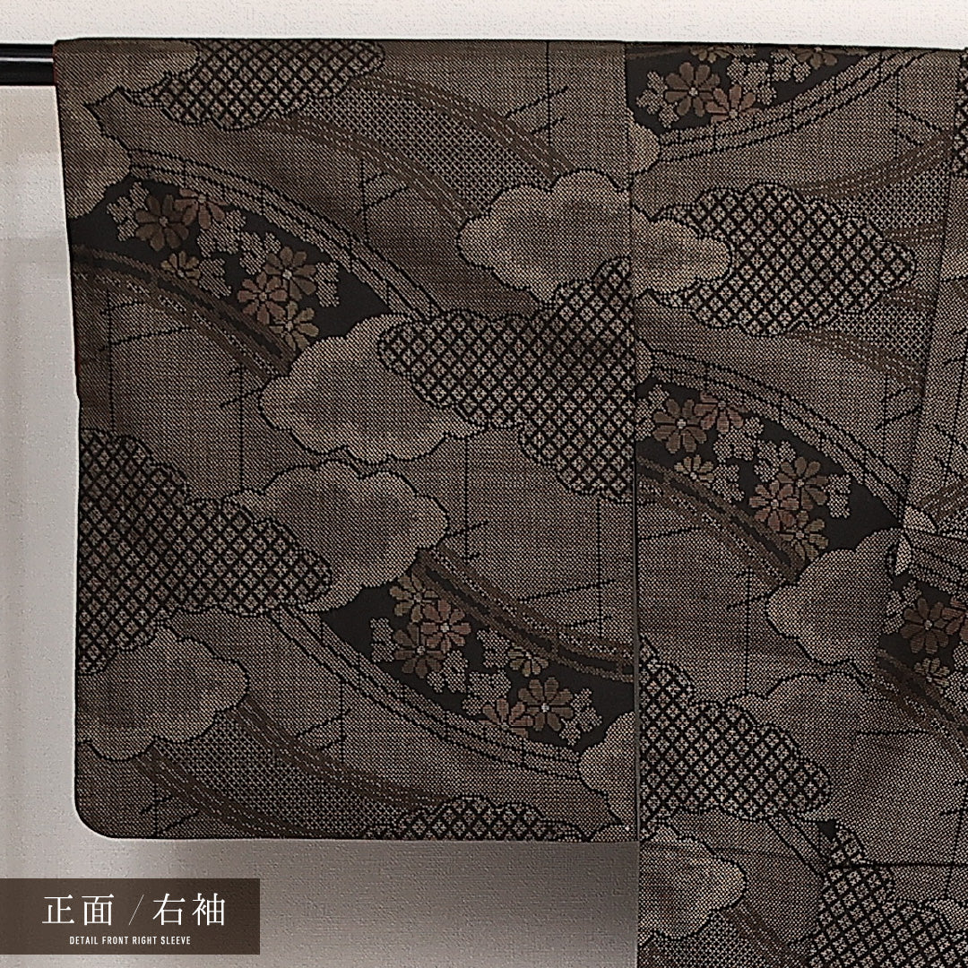 大島紬 袷 身丈163cm 裄丈67cm 正絹 Sランク インフォーマル 広衿 Lサイズ 経緯絣 菊 茶系 RP 1223-14080