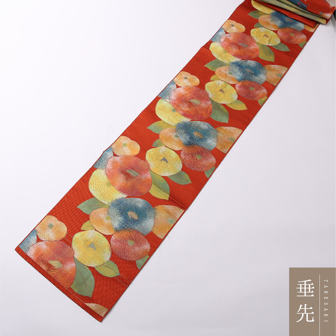 名古屋帯 六通 帯丈361cm セミフォーマル Sランク 正絹 椿 琳派 朱系 1224-02597