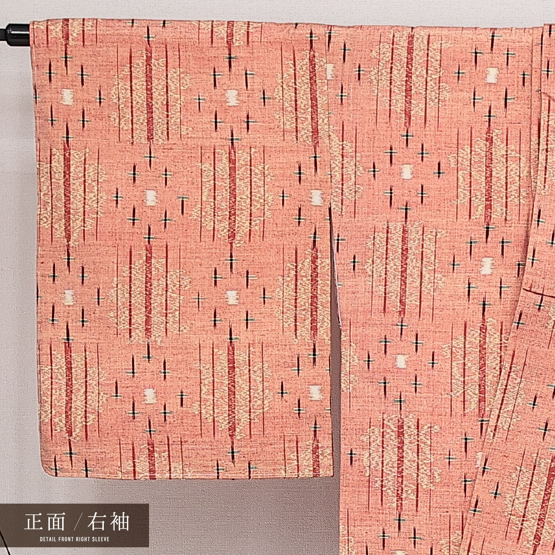 紬 袷 身丈159cm 裄丈65cm 正絹 Aランク カジュアル 広衿 Mサイズ 十字絣 ピンク系 RP 1223-14557