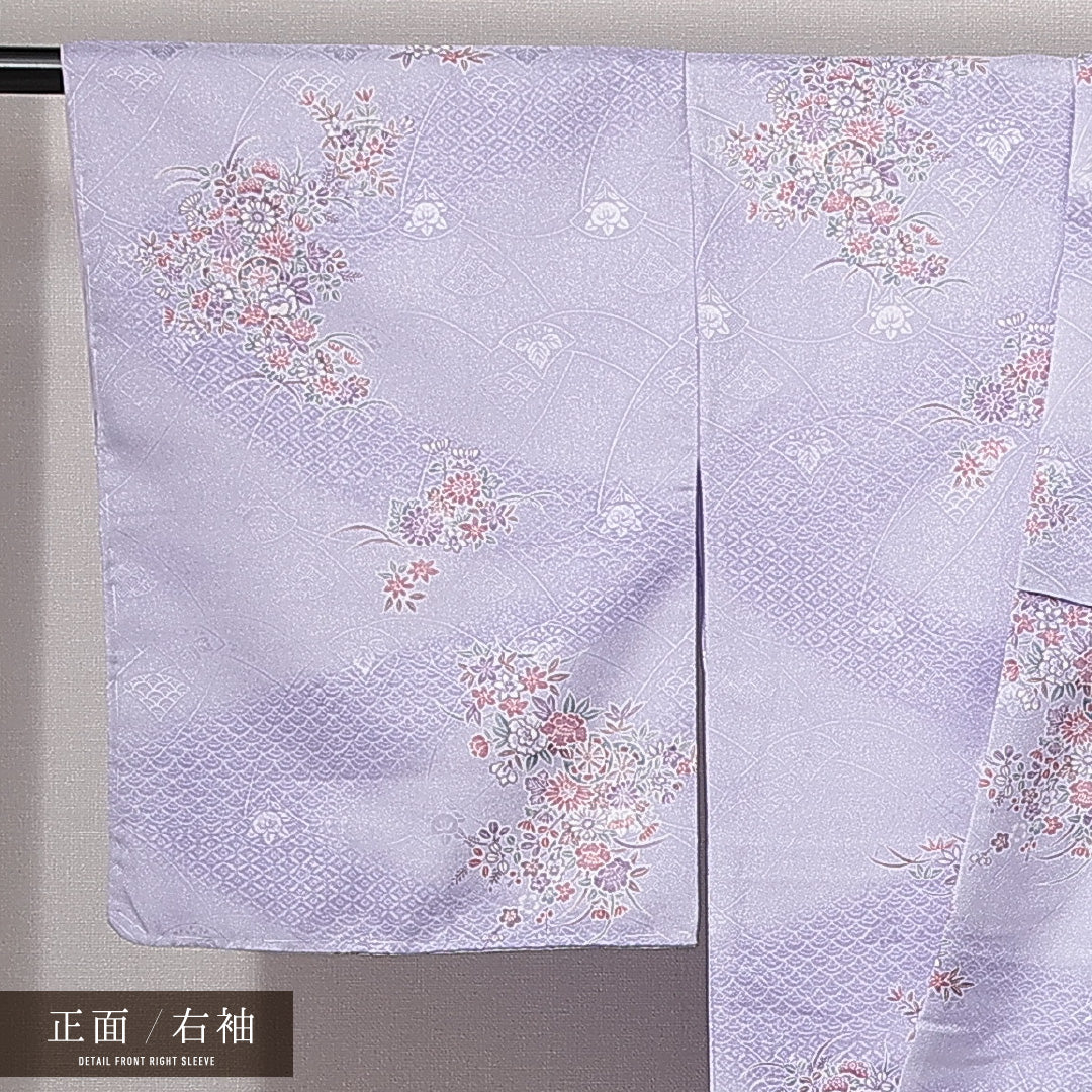 小紋 洗える着物 袷 身丈161cm 裄丈63cm ポリエステル Sランク Lサイズ 広衿 インフォーマル 花車 紫系 1215-14827
