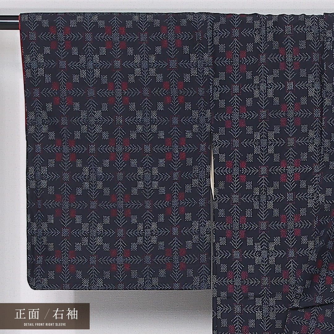紬 袷 身丈154cm 裄丈65cm 正絹 Aランク カジュアル 広衿 Sサイズ 幾何学柄 紺系 RP 1223-11930