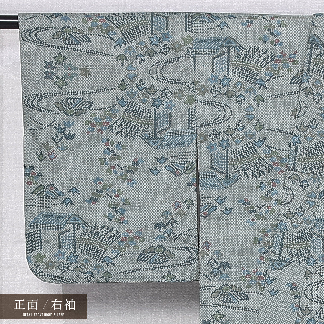 大島紬 袷 身丈162cm 裄丈64cm 正絹 Sランク インフォーマル バチ衿 Lサイズ 茶屋辻 緑系 RP 1223-11244