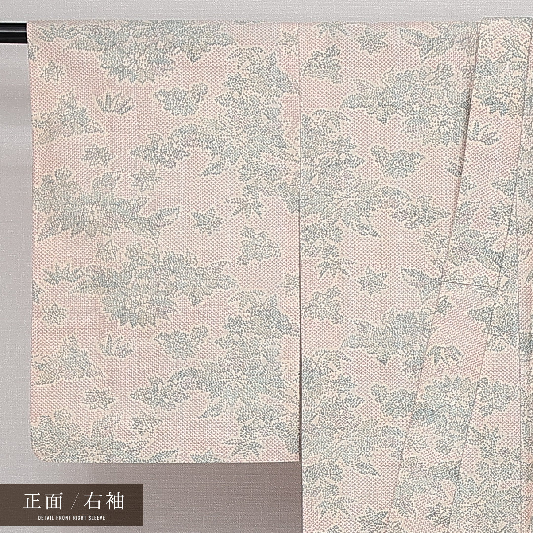 洗える着物 ウールの紬 単衣 身丈157cm 裄丈62cm ウール Aランク カジュアル バチ衿 Mサイズ 笹 クリーム系 HP 1223-14368