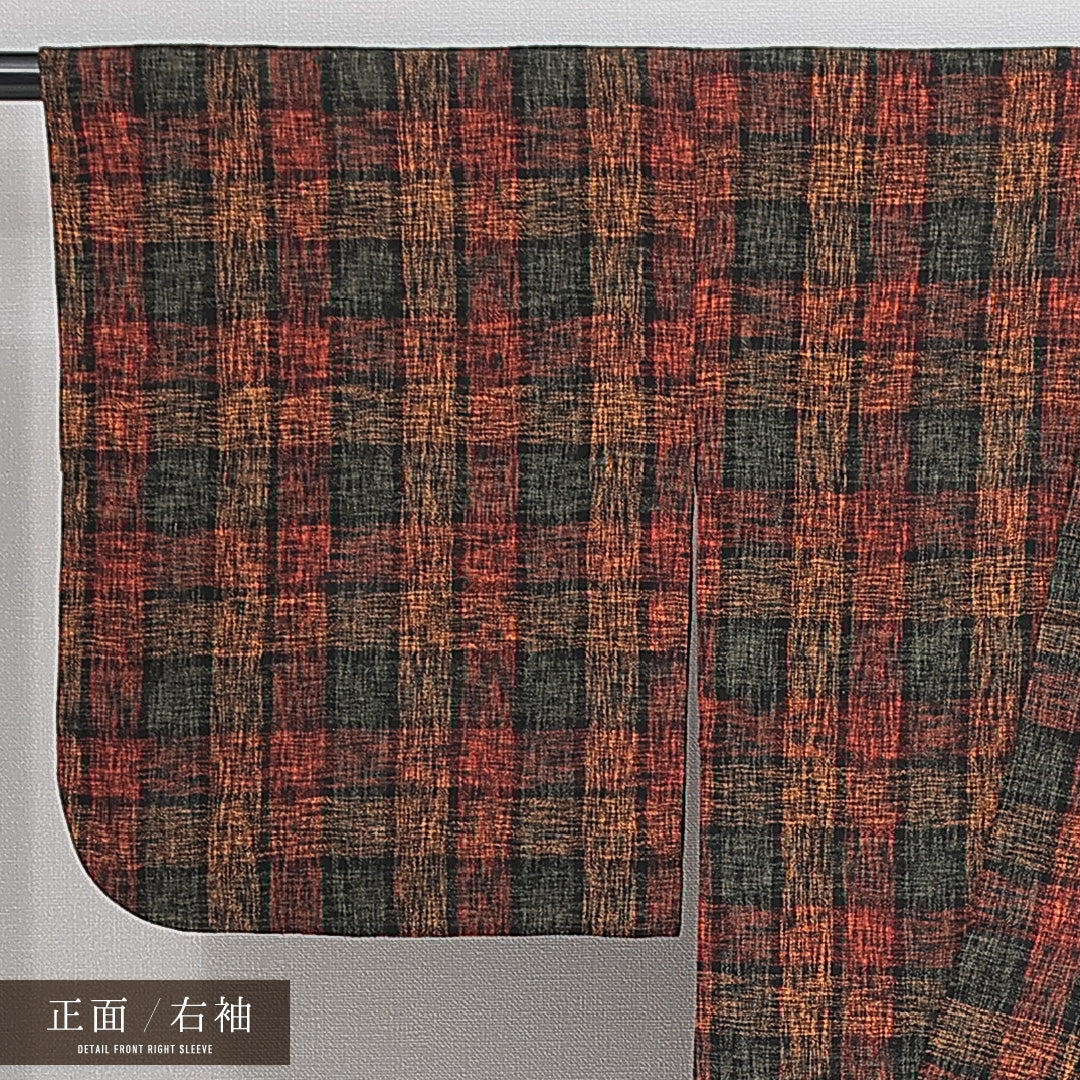 洗える着物 ウールの紬 単衣 身丈145cm 裄丈64cm ウール Aランク カジュアル バチ衿 XSサイズ 居敷当て 肩当て 格子 多色系 HP 1223-14781