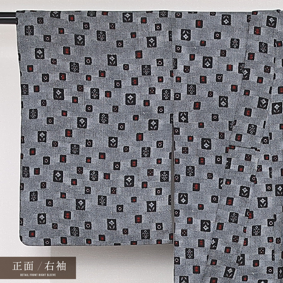 アンティーク 紬 袷 身丈143cm 裄丈62cm 正絹 Aランク バチ衿 XSサイズ 創作柄 グレー系 RP 1223-13220