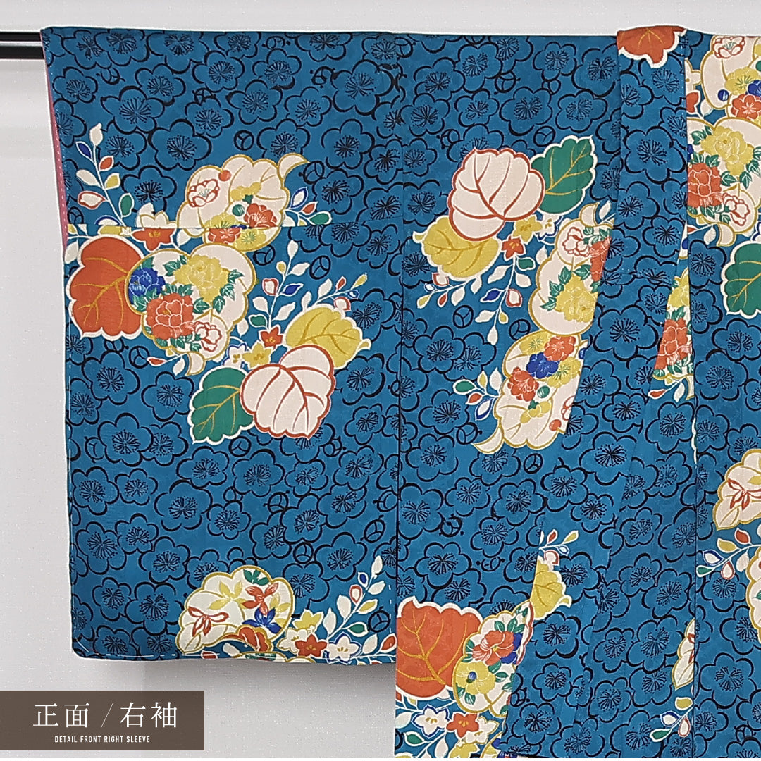 アンティーク 小紋 (錦紗) 袷 身丈146cm 裄丈63cm 正絹 Aランク バチ衿 XSサイズ 牡丹 桐 青系 M4 1221-12545