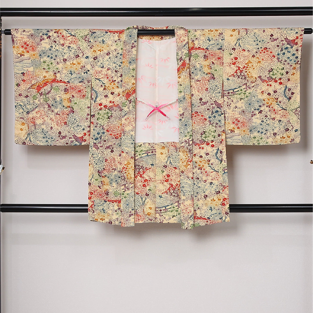 羽織 袷 身丈85cm 裄丈64cm 正絹 Sランク カジュアル Mサイズ 紐あり 花柄 ベージュ系 RP 1232-12863