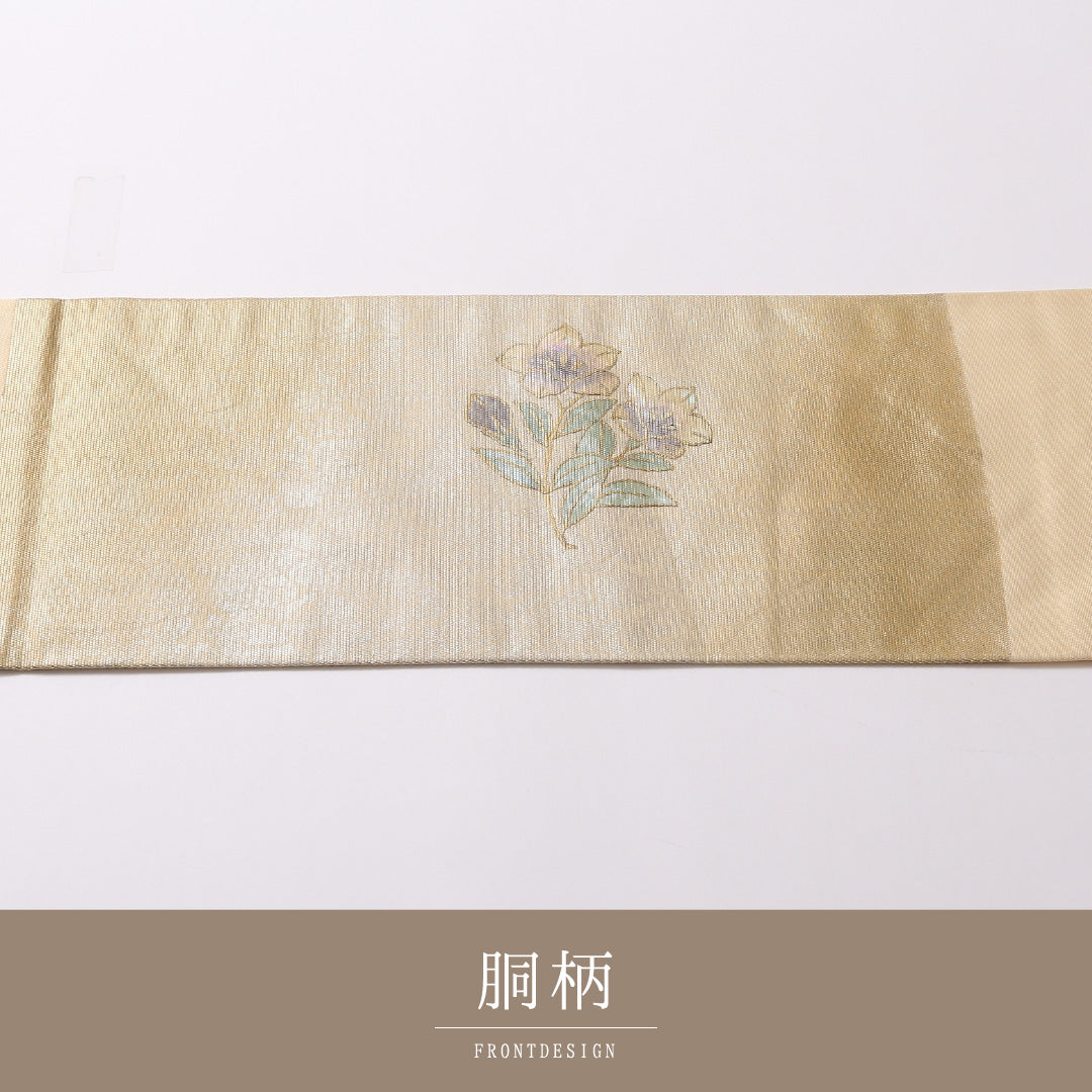 九寸名古屋帯 Sランク 帯丈388cm 正絹 ポイント柄 名古屋仕立て 織り セミフォーマル 鉄線 金系 M4 1245-02870