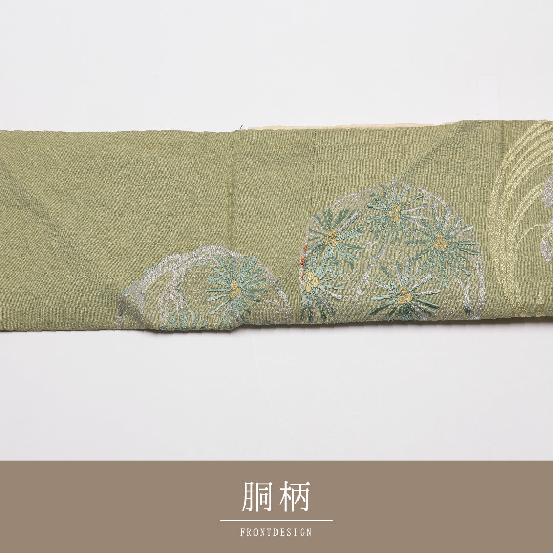 アンティーク 九寸名古屋帯 Cランク 帯丈334cm 正絹 六通 名古屋仕立て 染め ちりめん 菊 緑系 M4 1245-01794