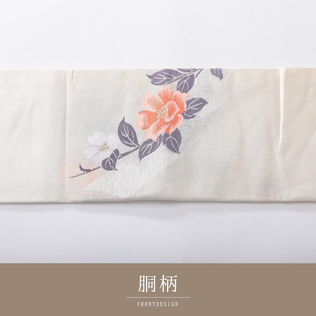 九寸名古屋帯 帯丈345cm セミフォーマル 名古屋仕立て ポイント柄 Cランク 正絹 椿 クリーム系 1224-03935